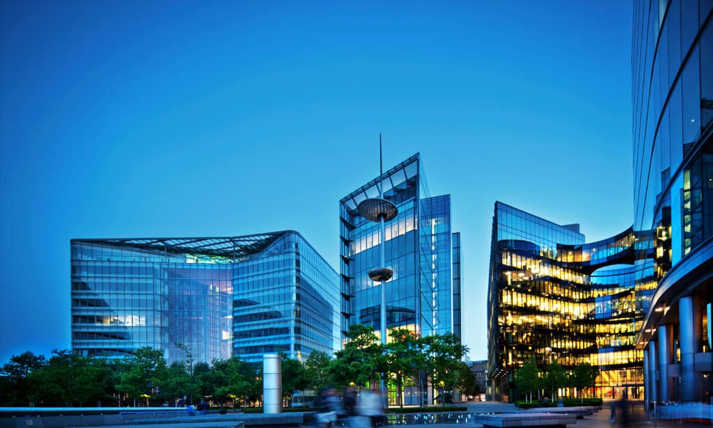 high-rise office buildings at sunset