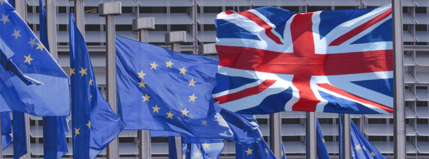 union jack flag among many EU flags