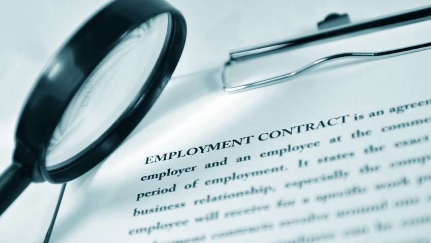 magnifying glass over an employment contract