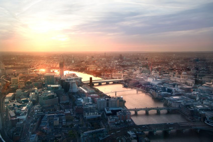 cityscape of london from above at sunset