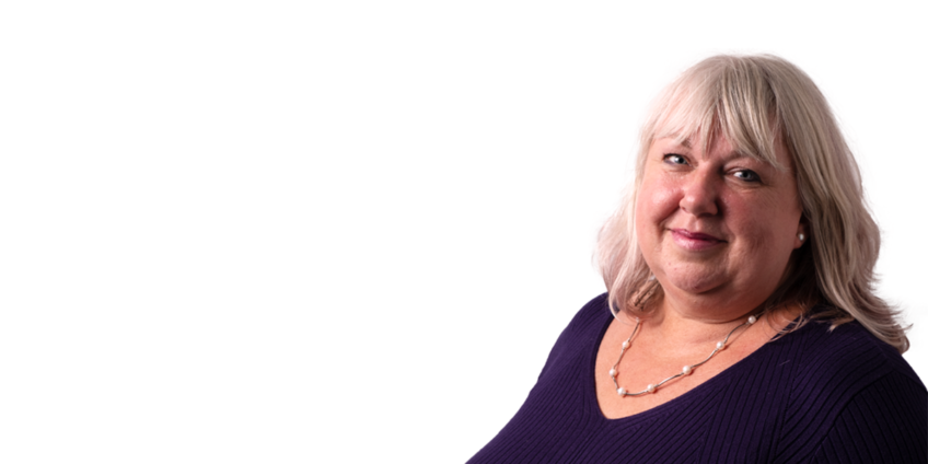 headshot of karen lord on a white banner